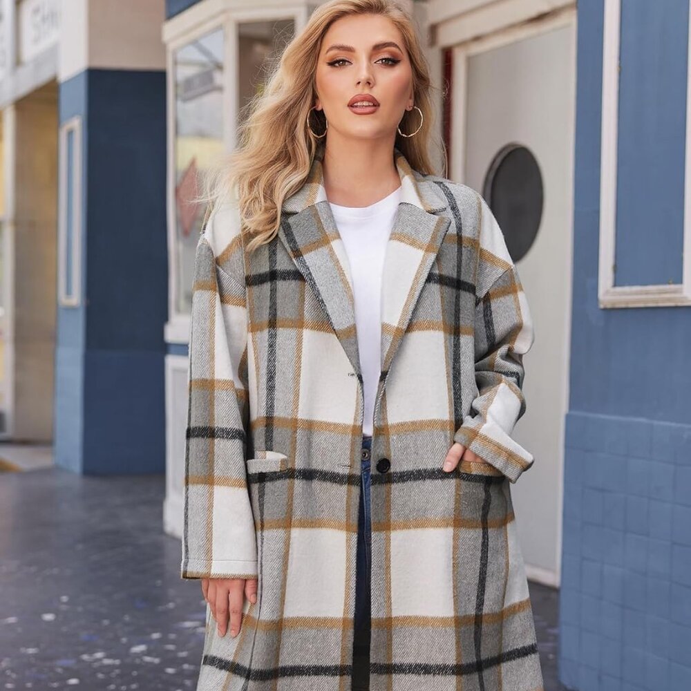 Grey Flannel Plaid Shacket Coat Wool Blend Winter Tartan Trench Coat XL